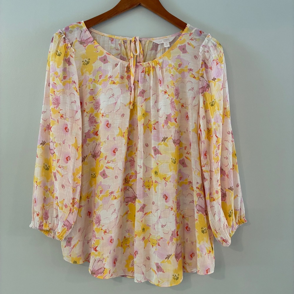 Lightweight Floral Peasant Top - Yellow & Pink